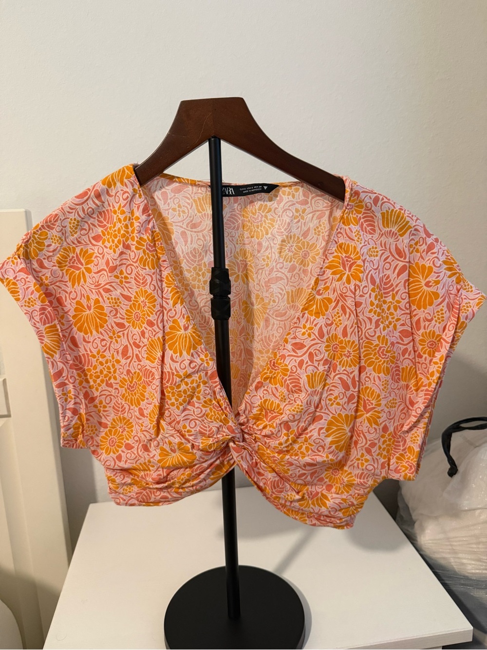 Zara Pink & Yellow Floral Twist-Front Crop Top